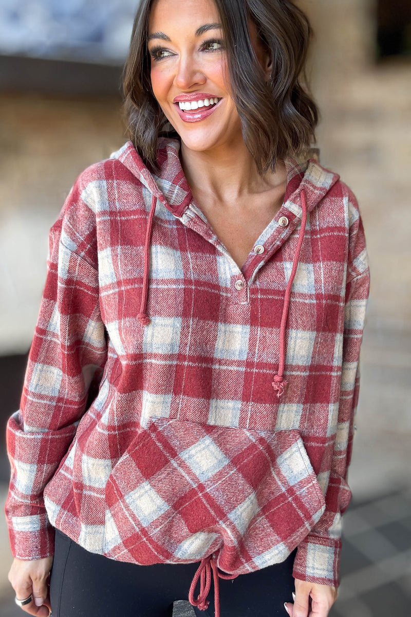 Flannel Red Plaid Pullover Hoodie W/ Kangaroo Pocket