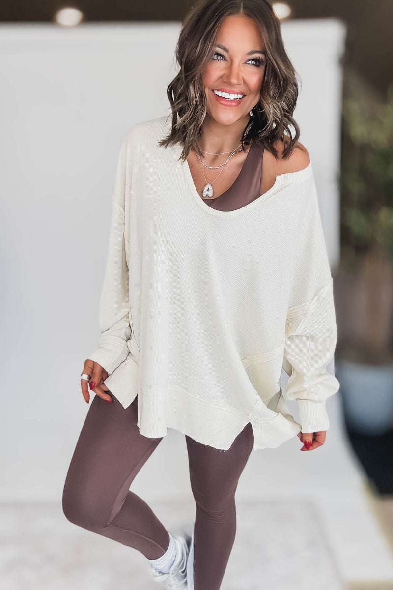 Cotton Blend White Sand Waffle Knit Oversized Long Sleeve