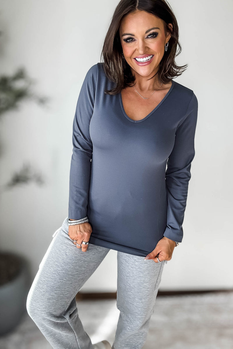 Fleece Lined Gray Seamless Round Neck Long Sleeve Top