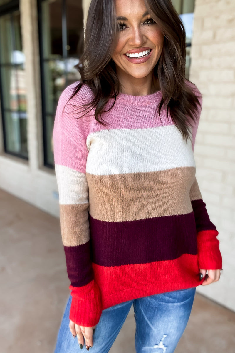 For A While Pink/Off White Stripe Sweater