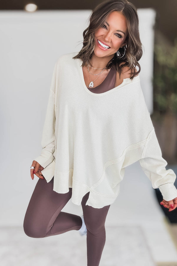 Cotton Blend White Sand Waffle Knit Oversized Long Sleeve