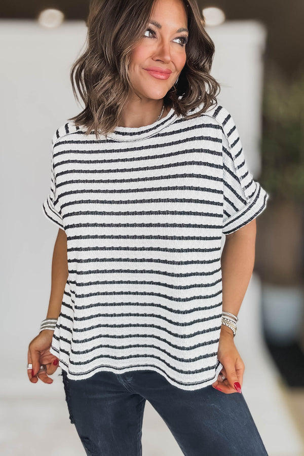 STRIPE BLACK JACQUARD ROUND-NECK BOX TEE