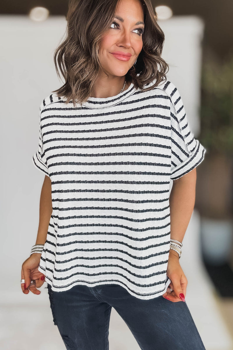 STRIPE BLACK JACQUARD ROUND-NECK BOX TEE