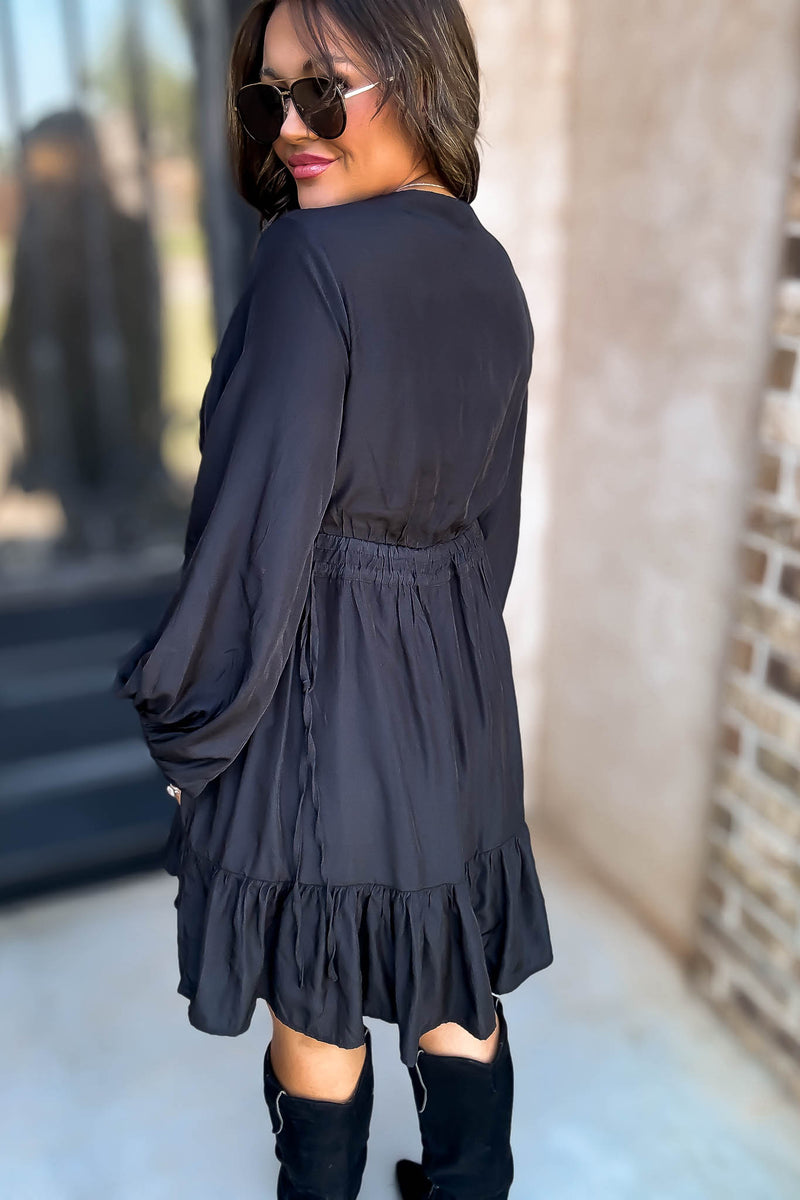 Black Elastic Waistband Tie Dress