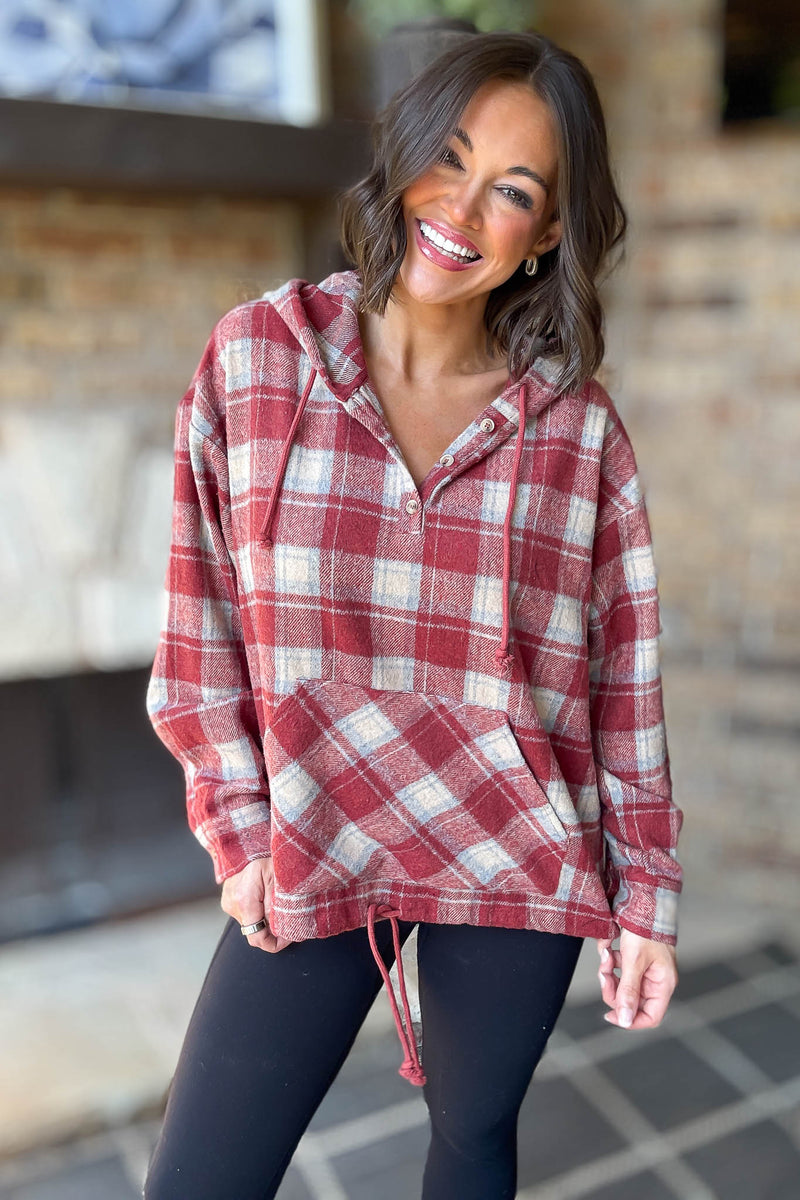 Flannel Red Plaid Pullover Hoodie W/ Kangaroo Pocket