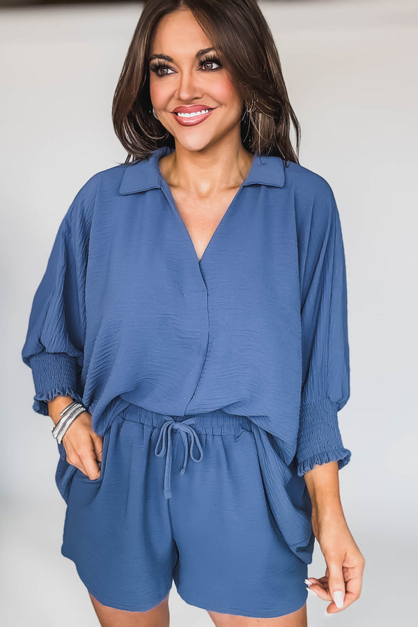 Angie Dusty Blue Airflow Collar Top