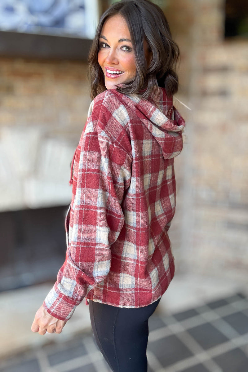 Flannel Red Plaid Pullover Hoodie W/ Kangaroo Pocket