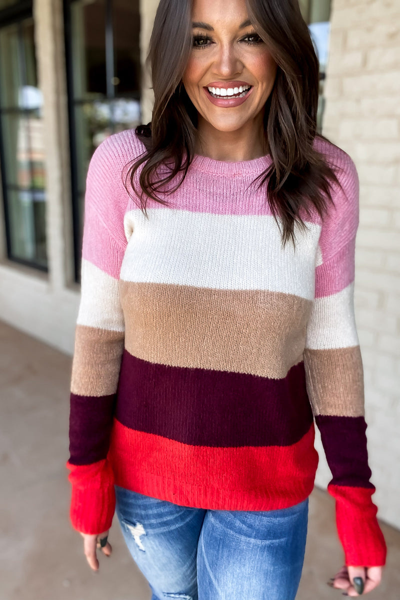 For A While Pink/Off White Stripe Sweater