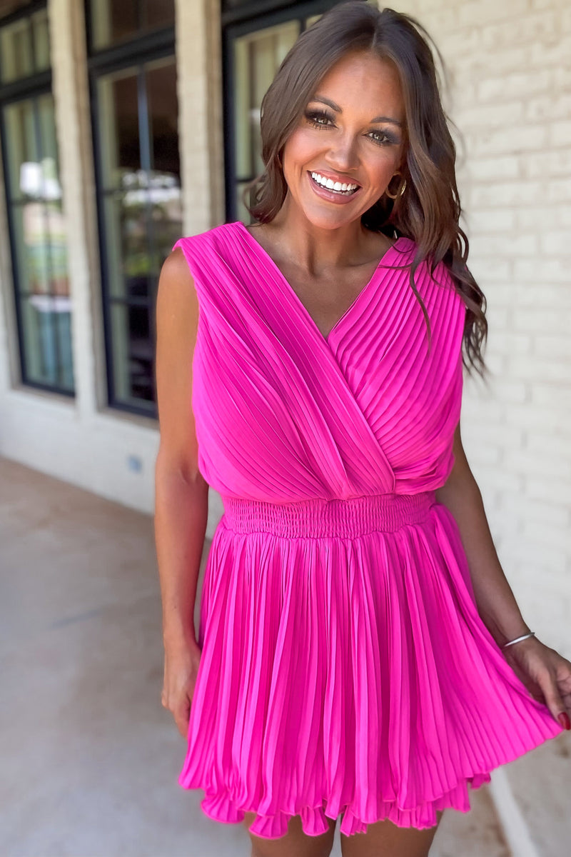 Fun And Flirty Hot Pink Pleated Surplice Neck Scrunchie Hems Romper Dress