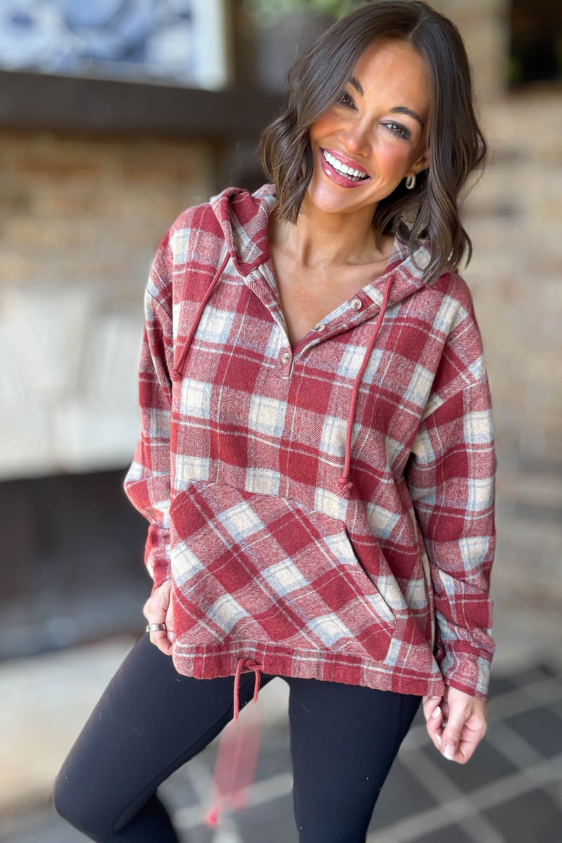 Flannel Red Plaid Pullover Hoodie W/ Kangaroo Pocket
