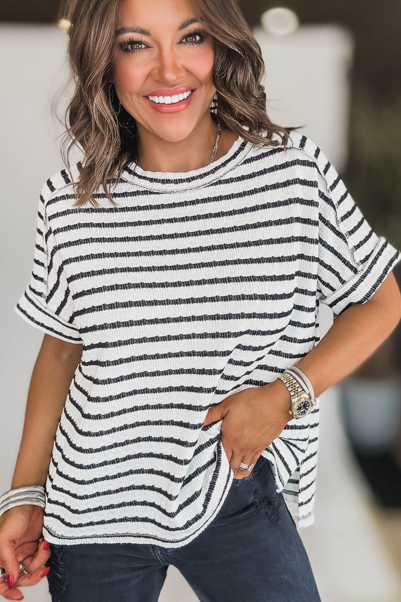 STRIPE BLACK JACQUARD ROUND-NECK BOX TEE