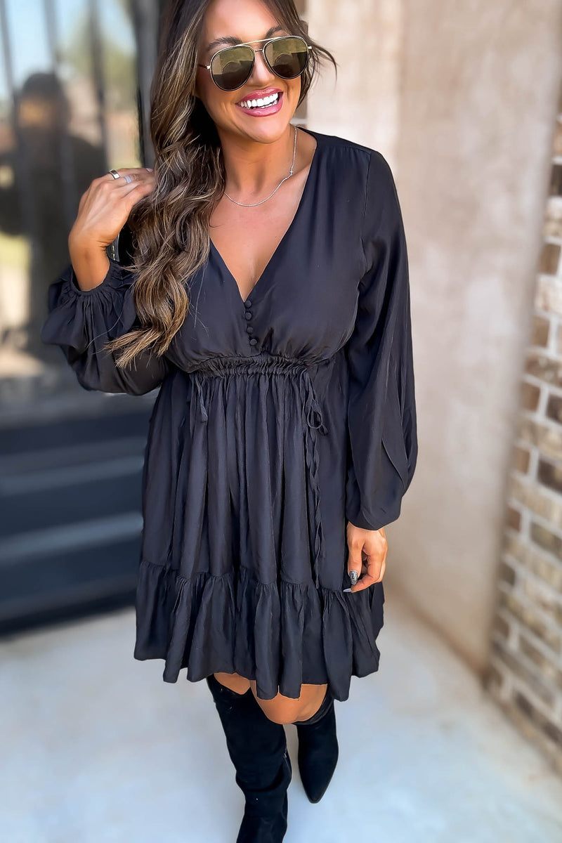 Black Elastic Waistband Tie Dress