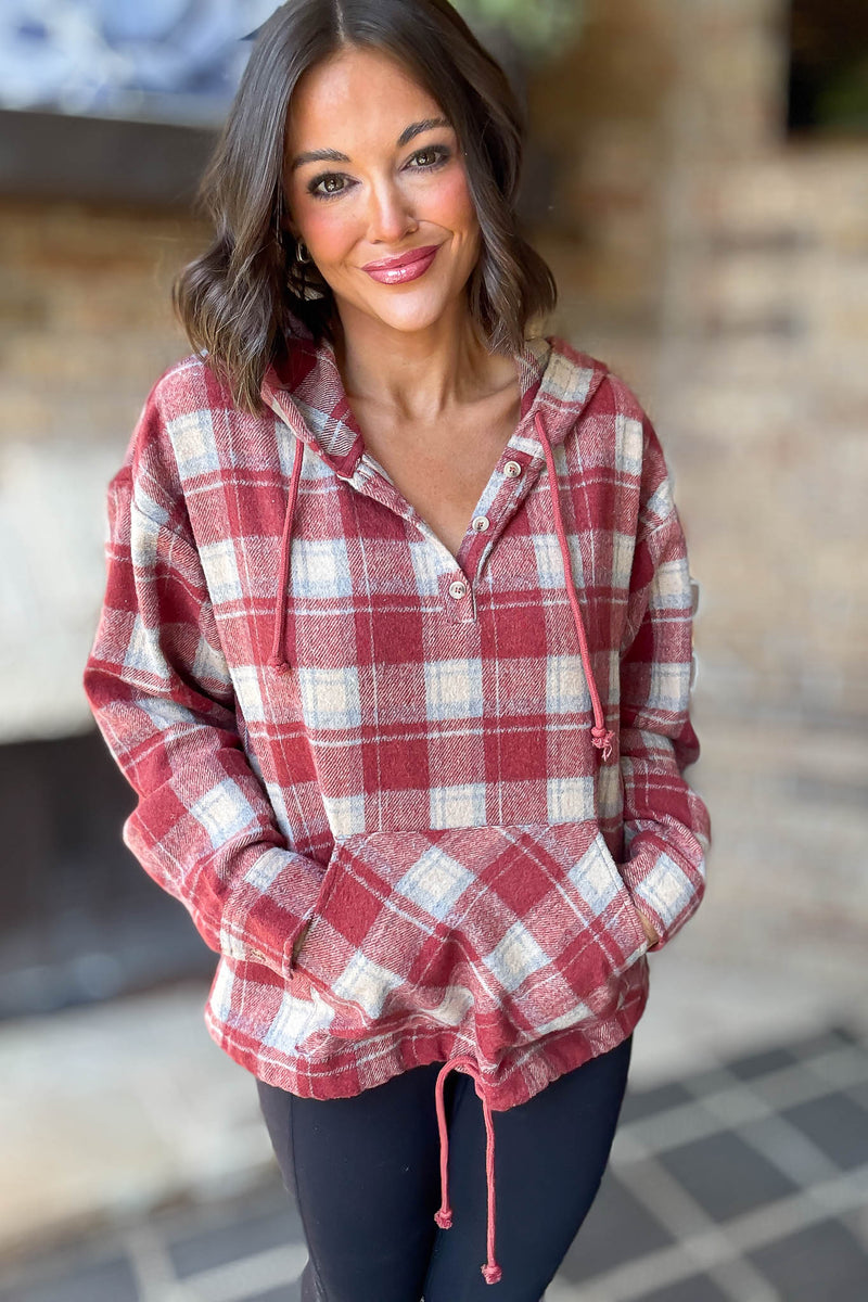 Flannel Red Plaid Pullover Hoodie W/ Kangaroo Pocket