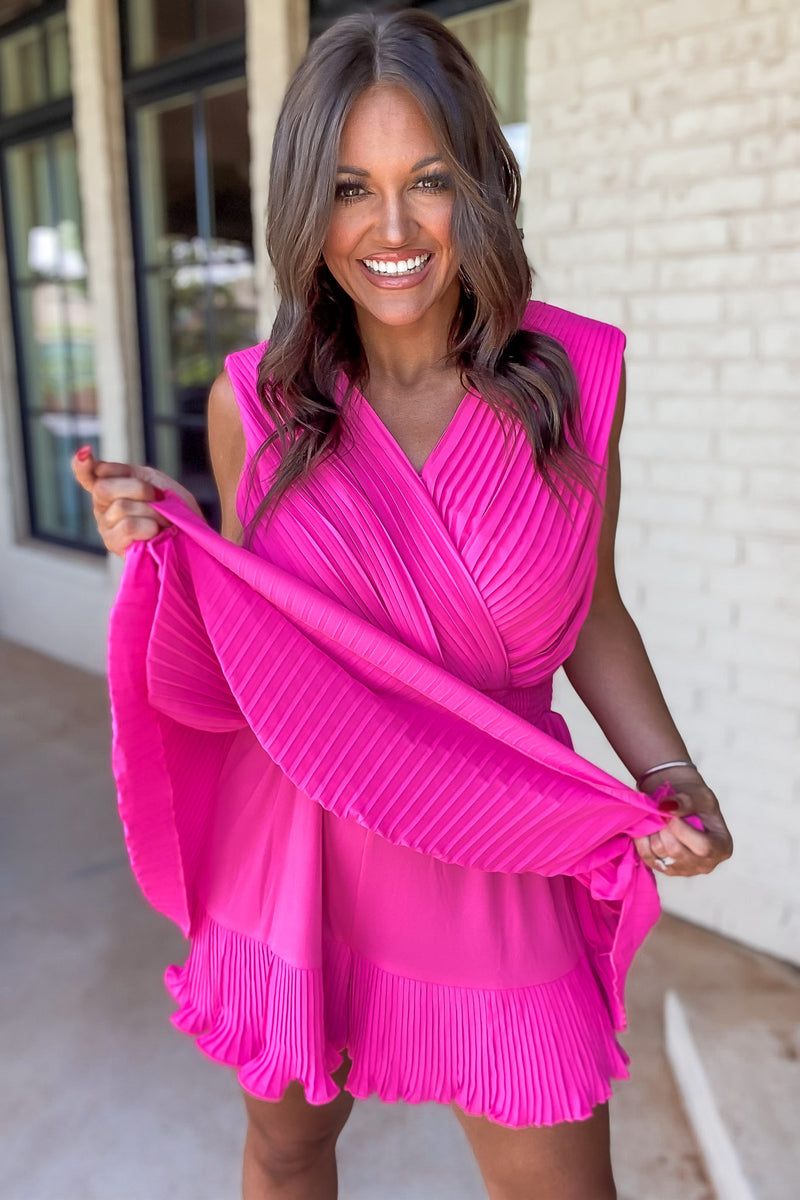 Fun And Flirty Hot Pink Pleated Surplice Neck Scrunchie Hems Romper Dress