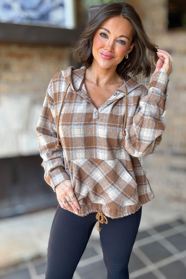 Flannel Mocha Plaid Pullover Hoodie W/ Kangaroo Pocket
