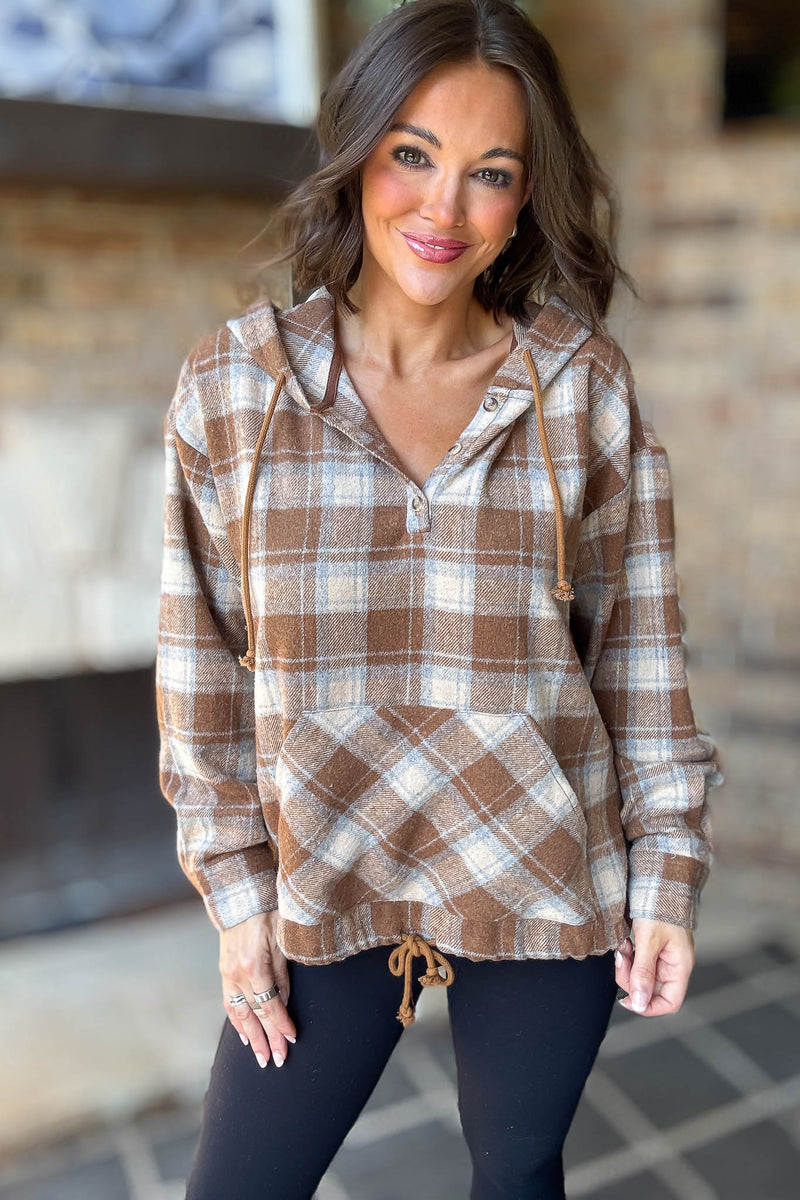 Flannel Mocha Plaid Pullover Hoodie W/ Kangaroo Pocket