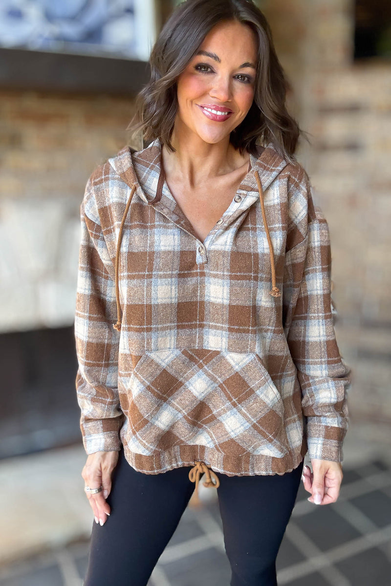 Flannel Mocha Plaid Pullover Hoodie W/ Kangaroo Pocket