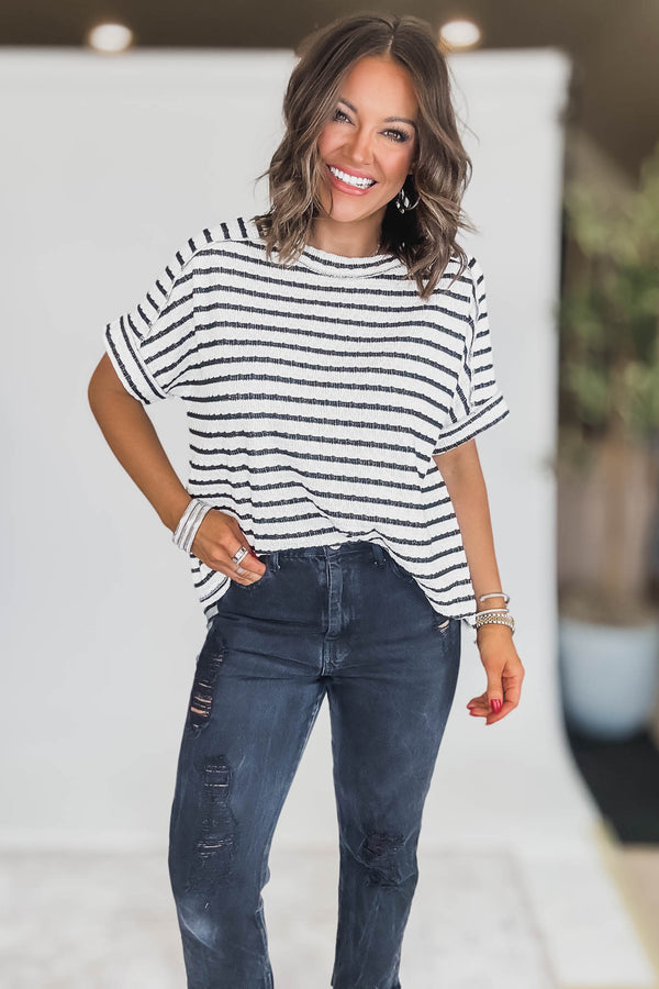 STRIPE BLACK JACQUARD ROUND-NECK BOX TEE