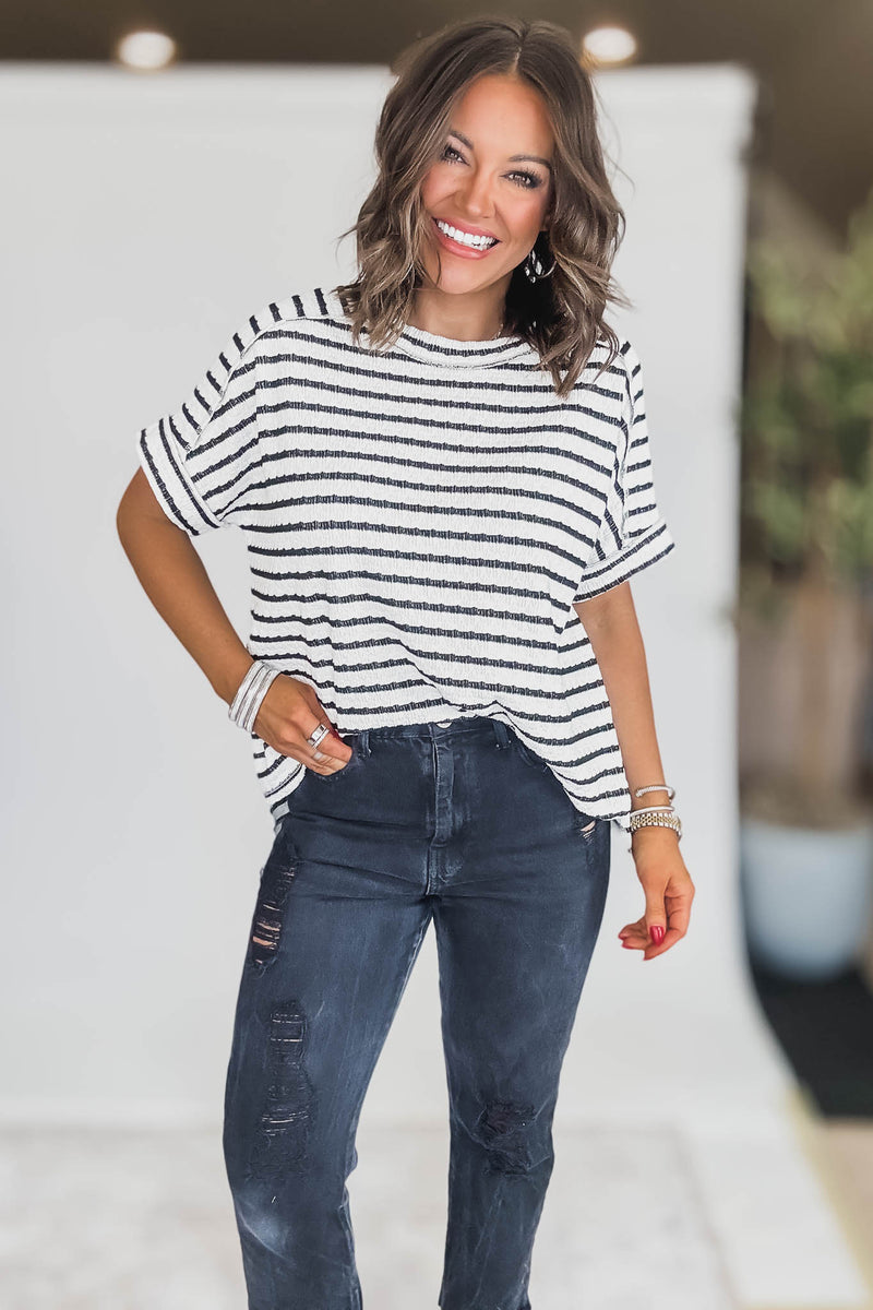 STRIPE BLACK JACQUARD ROUND-NECK BOX TEE