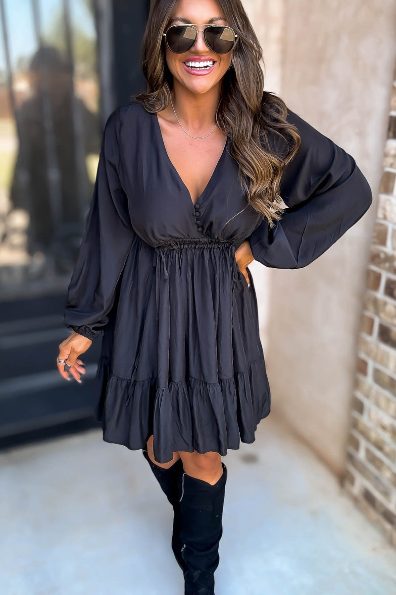 Black Elastic Waistband Tie Dress