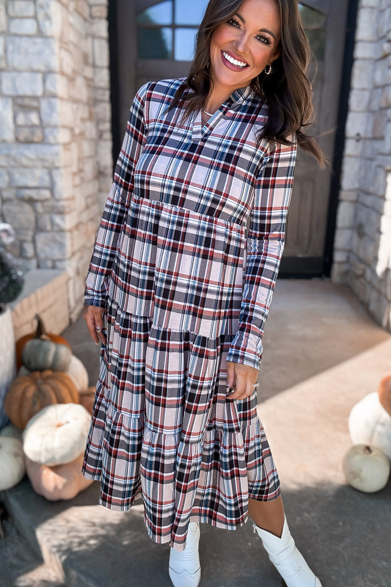 Plaid Jersey Tiered Midi Dress