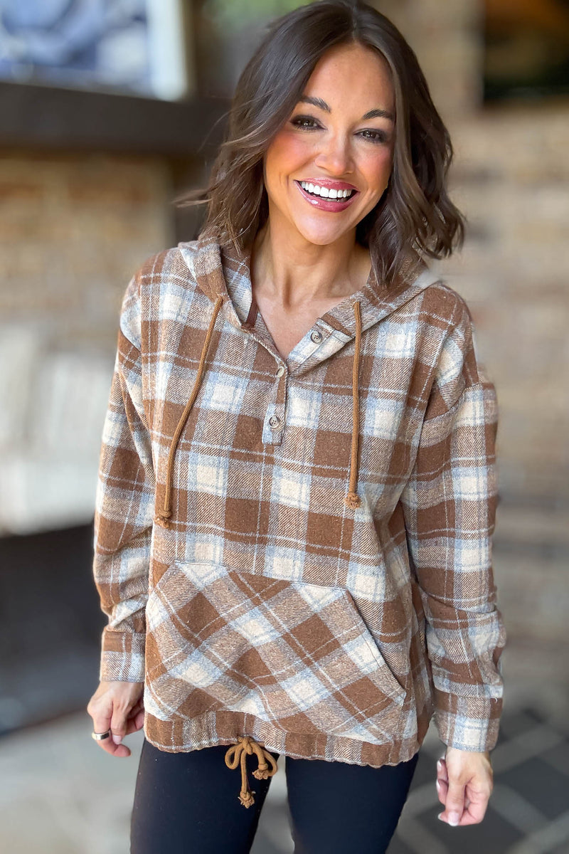 Flannel Mocha Plaid Pullover Hoodie W/ Kangaroo Pocket