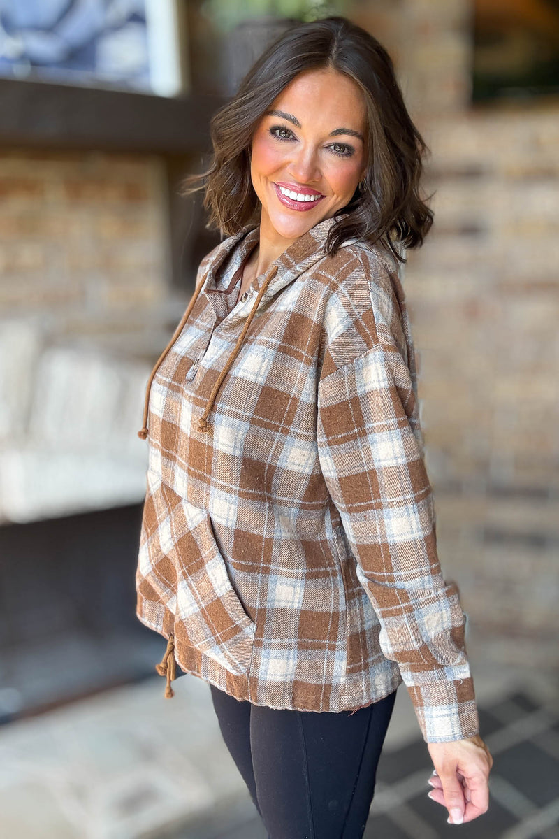 Flannel Mocha Plaid Pullover Hoodie W/ Kangaroo Pocket