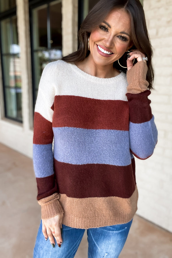 For A While Rust/Blue Stripe Sweater