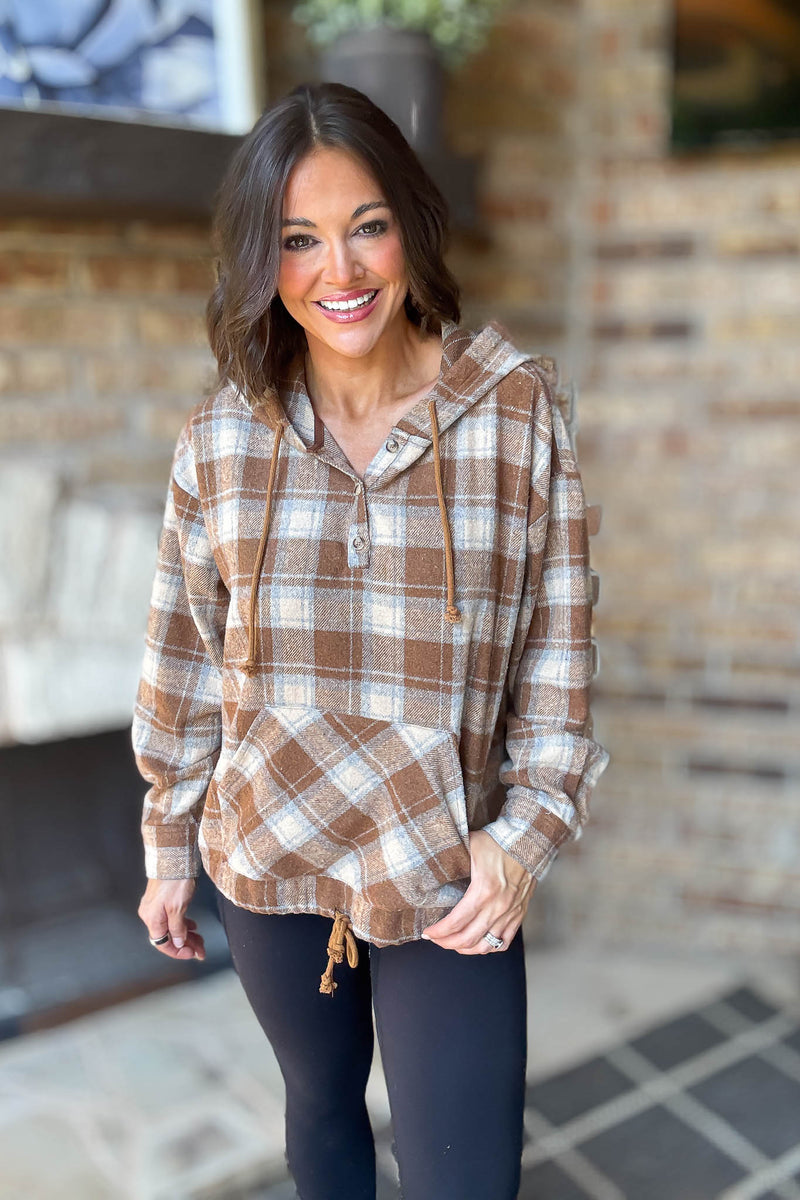 Flannel Mocha Plaid Pullover Hoodie W/ Kangaroo Pocket