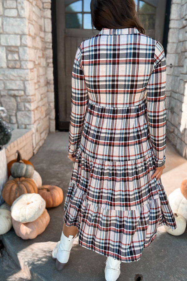 Plaid Jersey Tiered Midi Dress