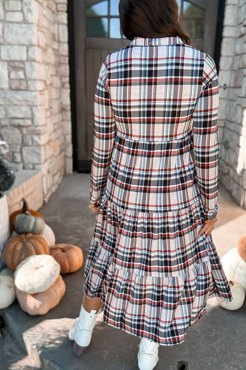 Plaid Jersey Tiered Midi Dress