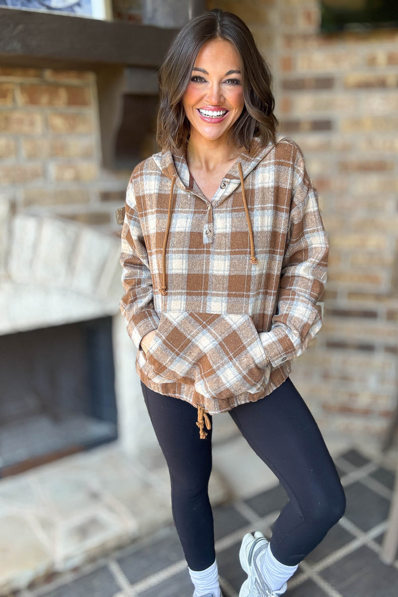 Flannel Mocha Plaid Pullover Hoodie W/ Kangaroo Pocket