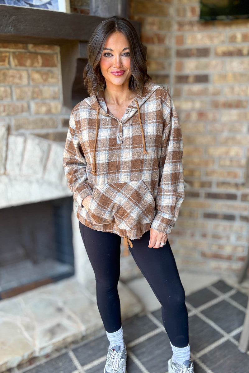 Flannel Mocha Plaid Pullover Hoodie W/ Kangaroo Pocket