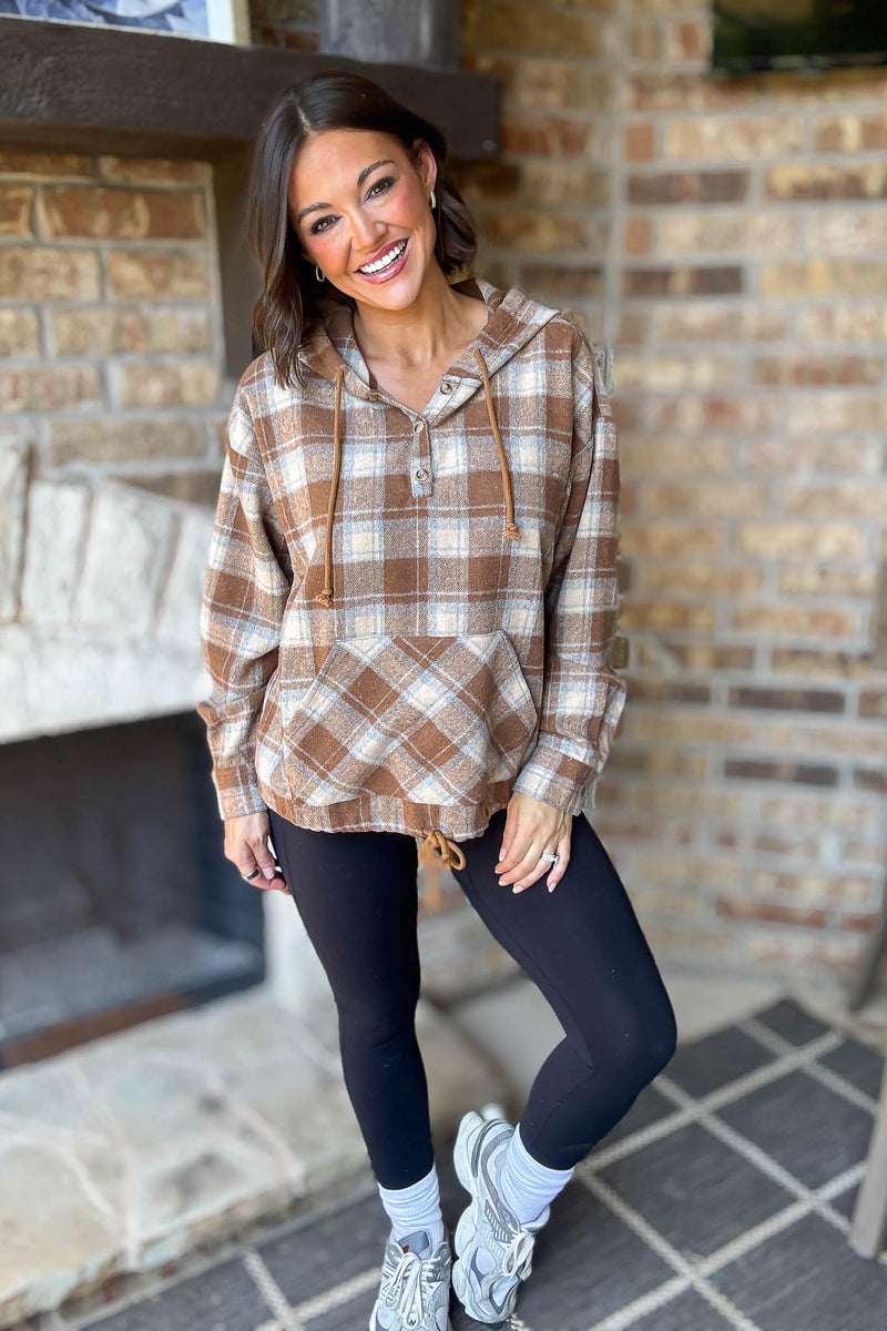 Flannel Mocha Plaid Pullover Hoodie W/ Kangaroo Pocket
