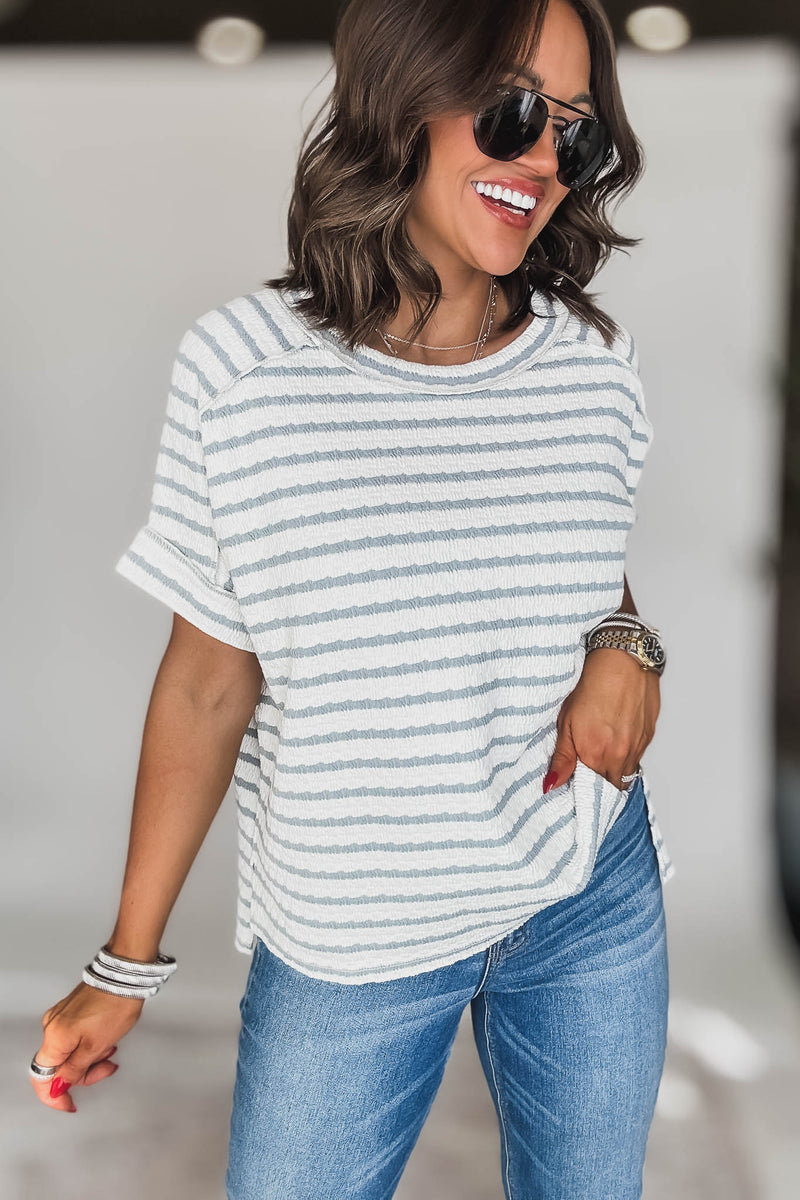 STRIPE BLUE GREY JACQUARD ROUND-NECK BOX TEE