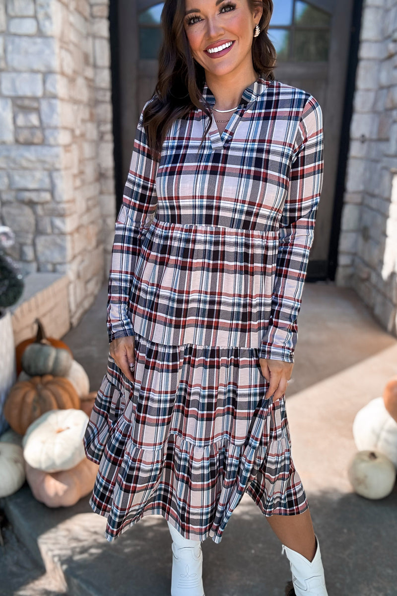 Plaid Jersey Tiered Midi Dress