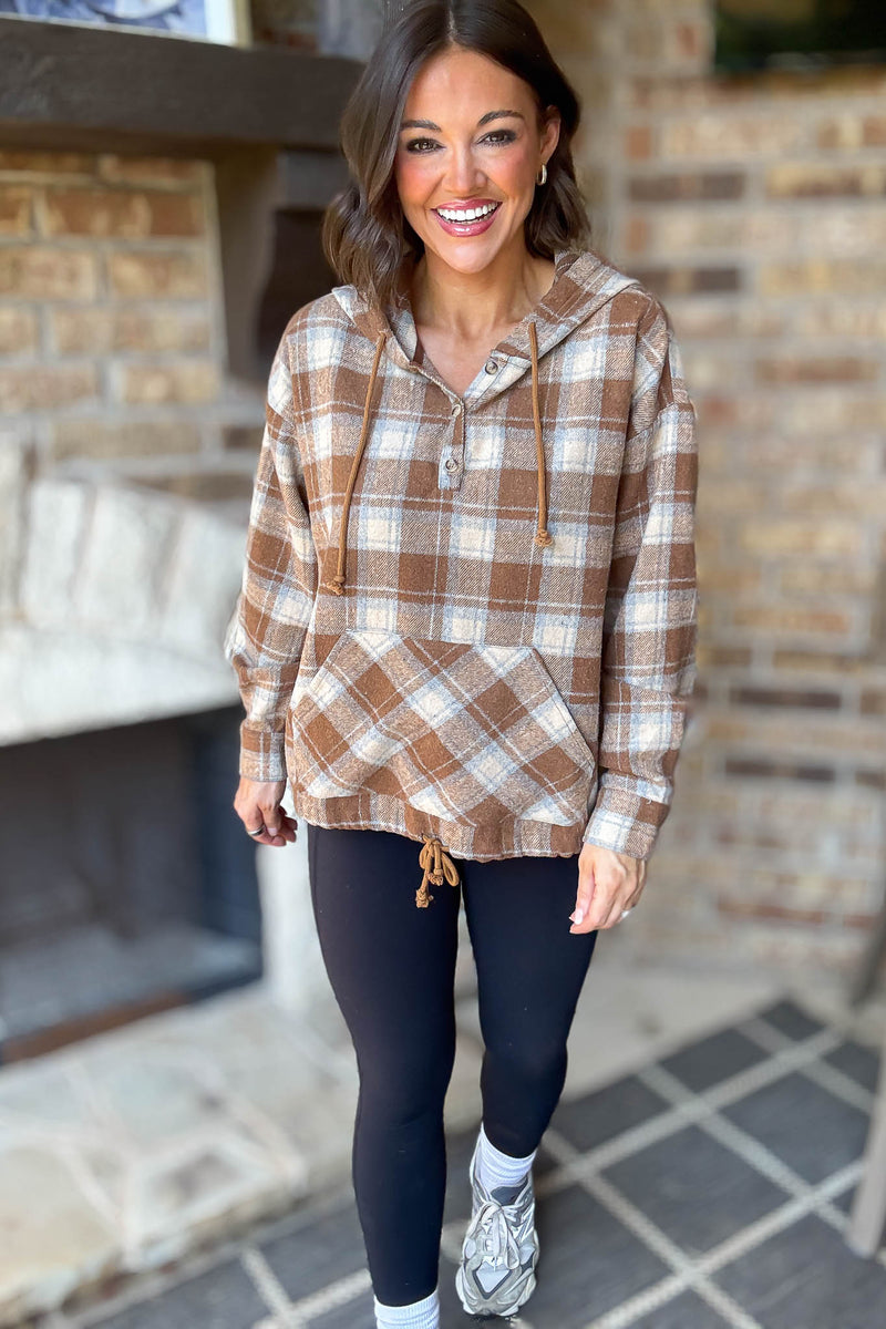 Flannel Mocha Plaid Pullover Hoodie W/ Kangaroo Pocket