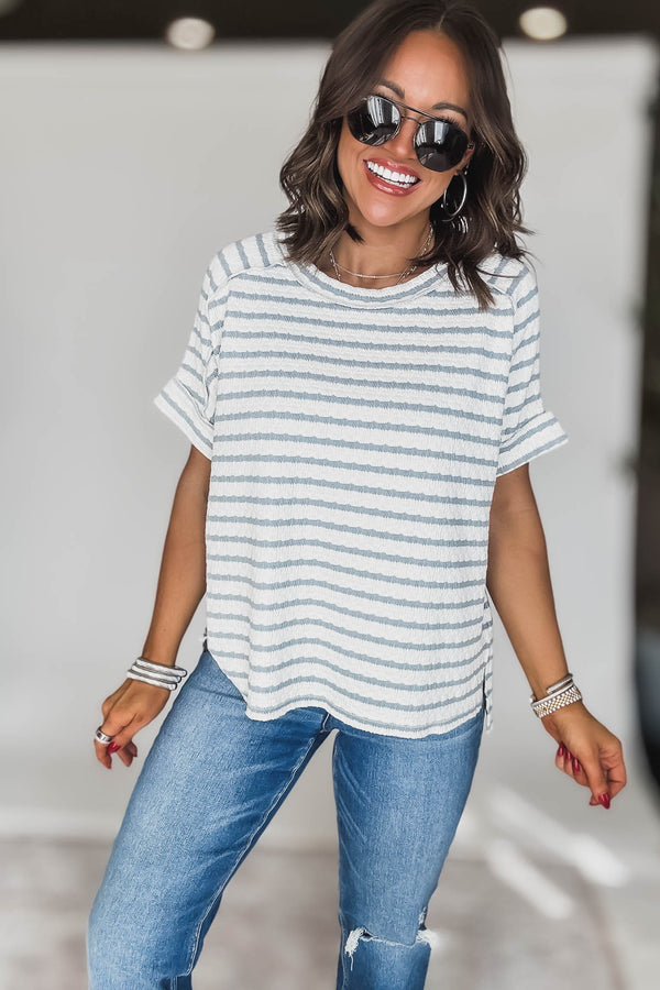 STRIPE BLUE GREY JACQUARD ROUND-NECK BOX TEE