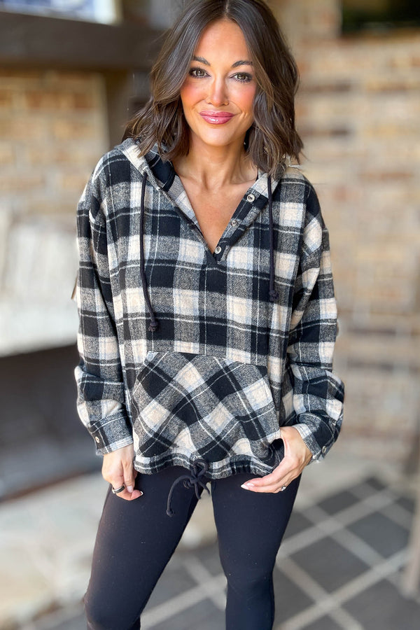 Flannel Black Plaid Pullover Hoodie W/ Kangaroo Pocket