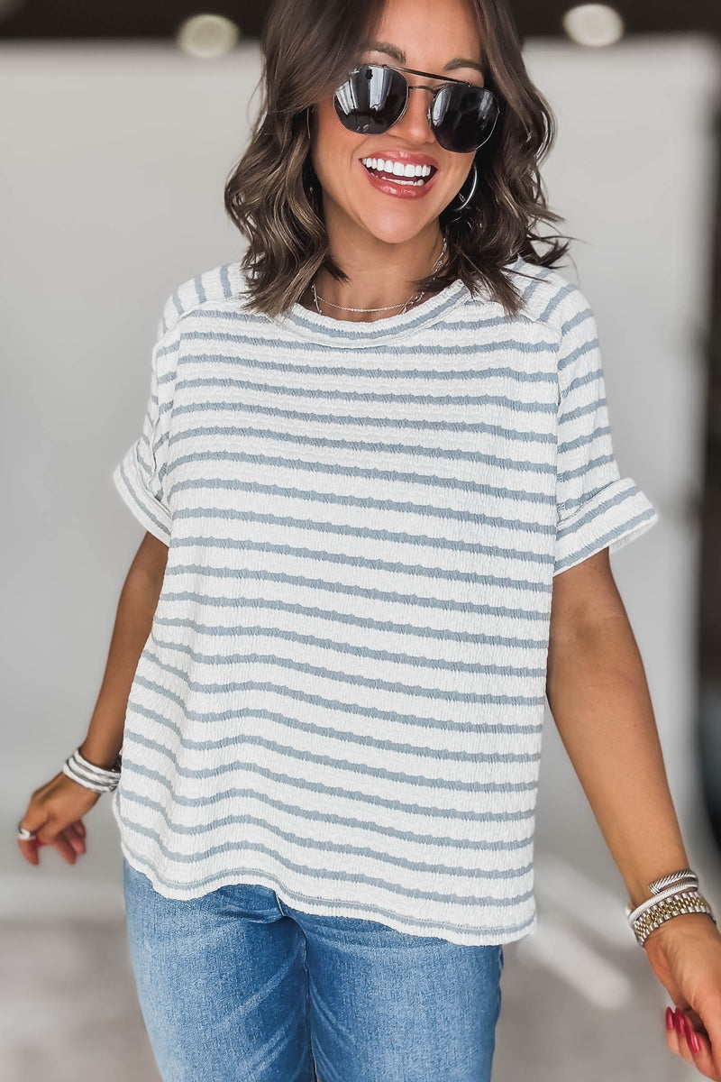 STRIPE BLUE GREY JACQUARD ROUND-NECK BOX TEE