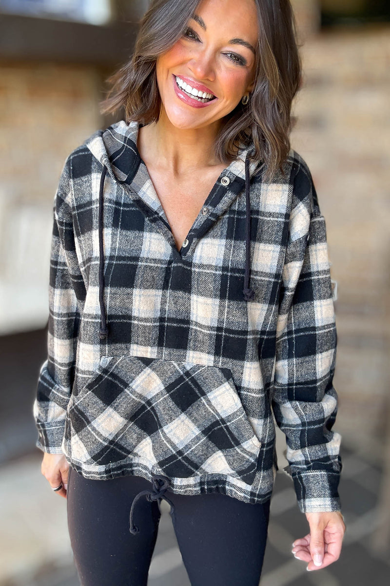 Flannel Black Plaid Pullover Hoodie W/ Kangaroo Pocket