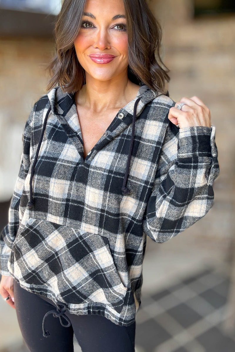 Flannel Black Plaid Pullover Hoodie W/ Kangaroo Pocket