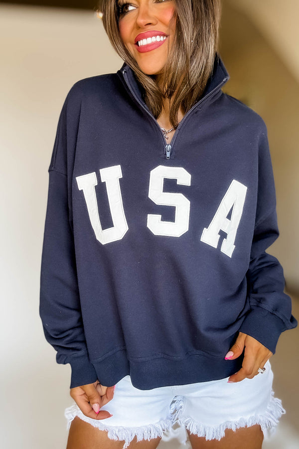 USA Navy Contrast Half Zip Oversized Sweatshirt