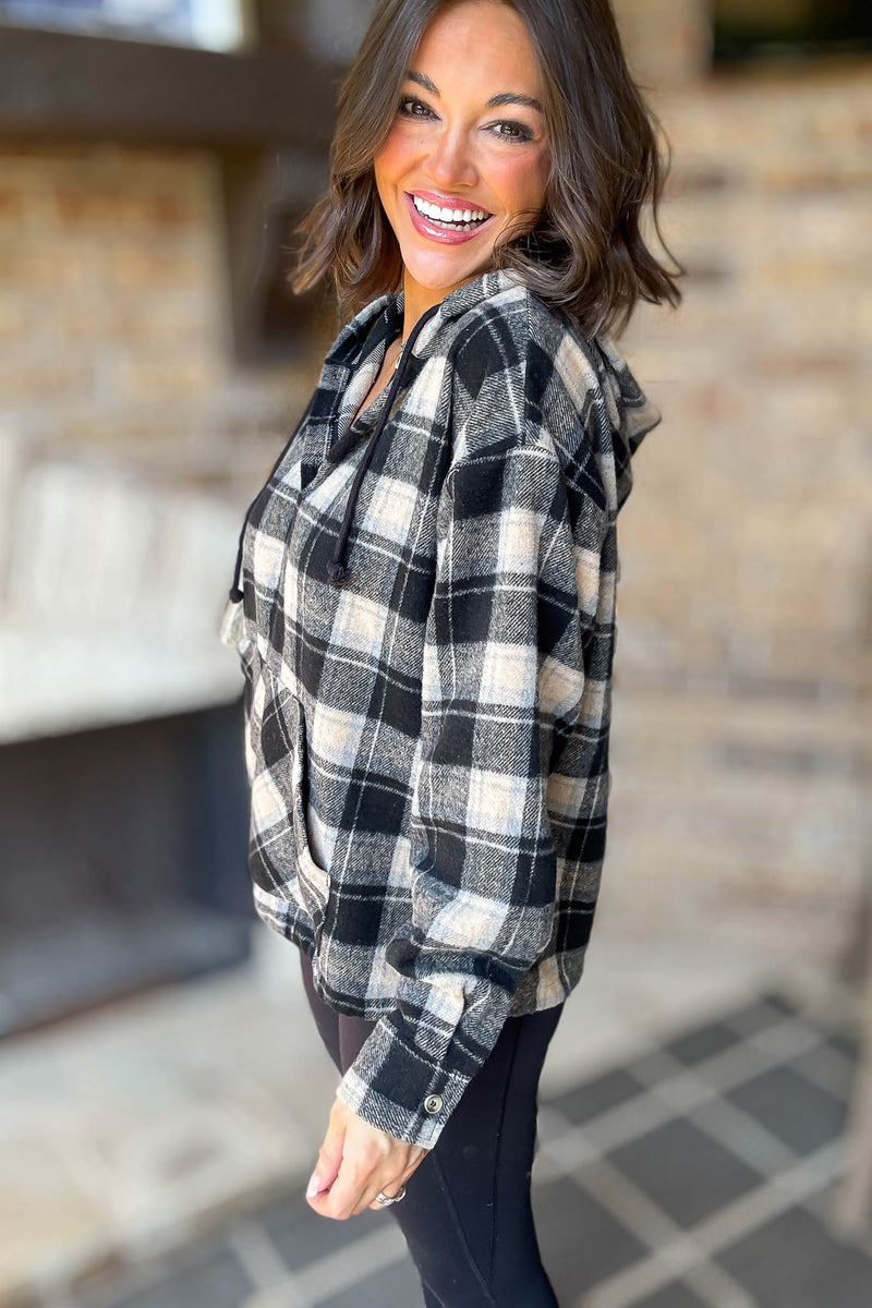 Flannel Black Plaid Pullover Hoodie W/ Kangaroo Pocket