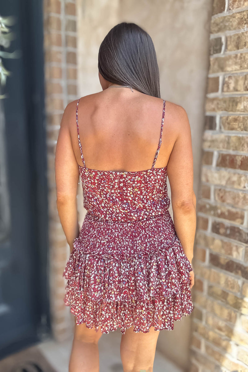 Burgundy Floral Print Ruffle Crop Top
