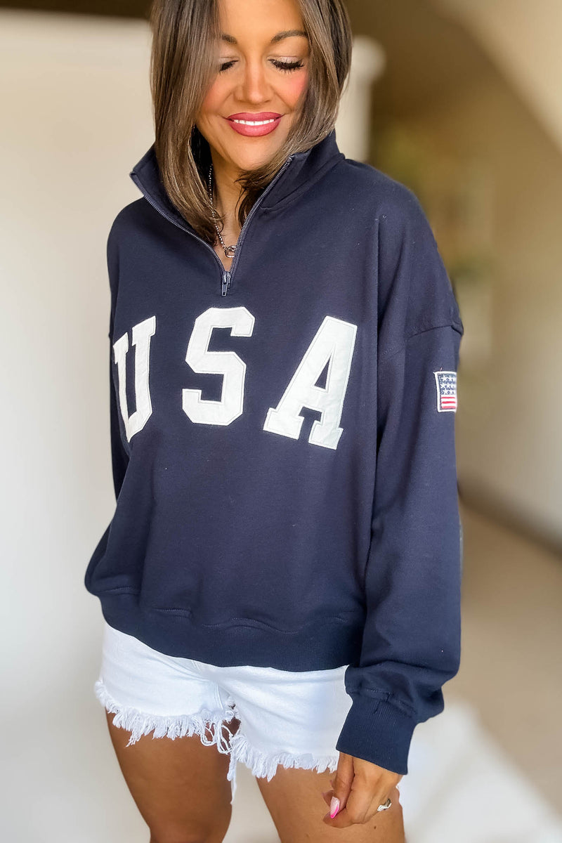 USA Navy Contrast Half Zip Oversized Sweatshirt