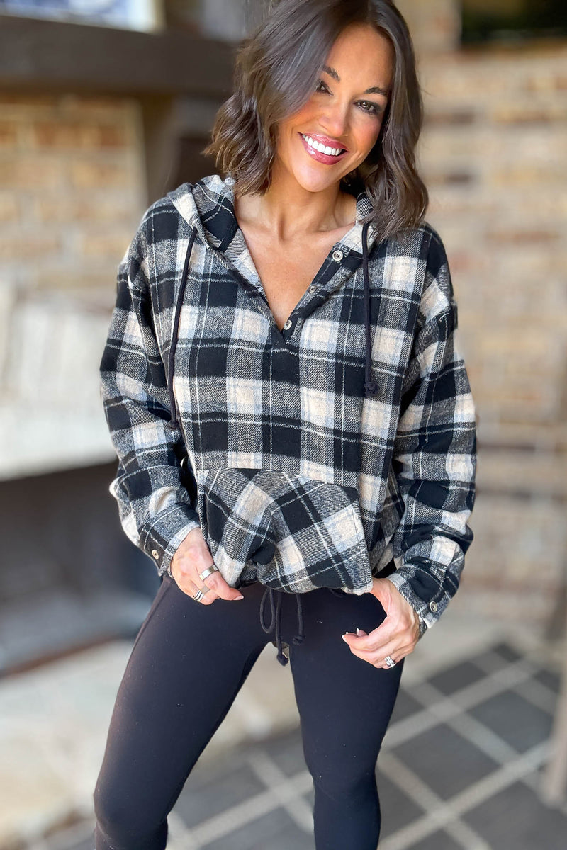Flannel Black Plaid Pullover Hoodie W/ Kangaroo Pocket