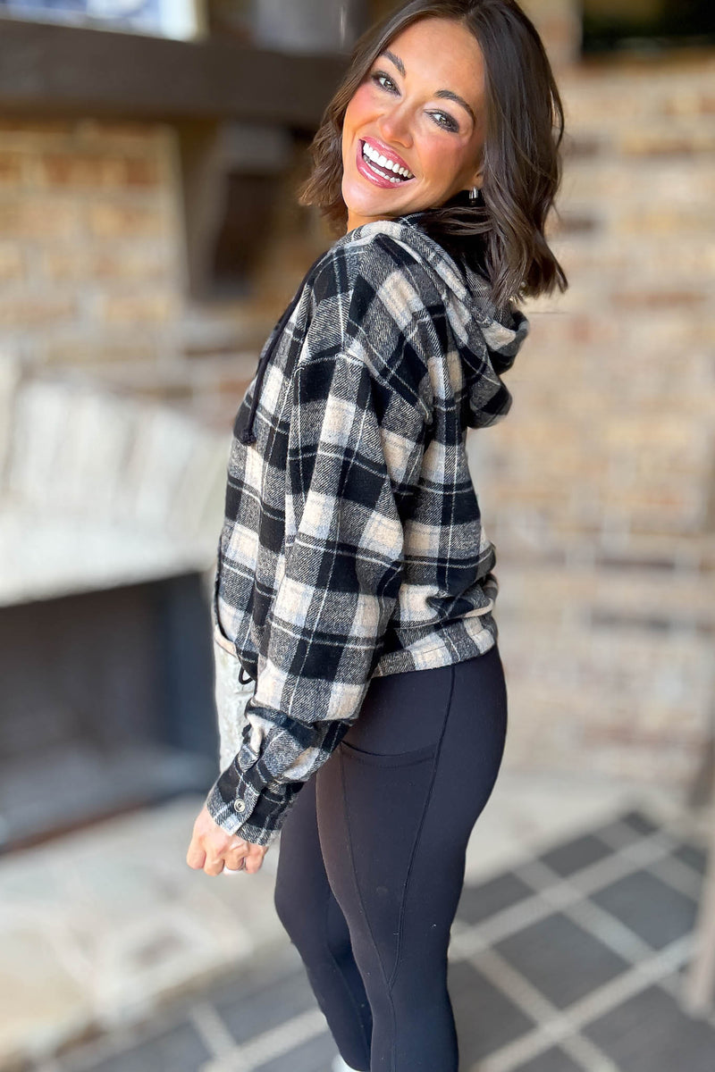 Flannel Black Plaid Pullover Hoodie W/ Kangaroo Pocket
