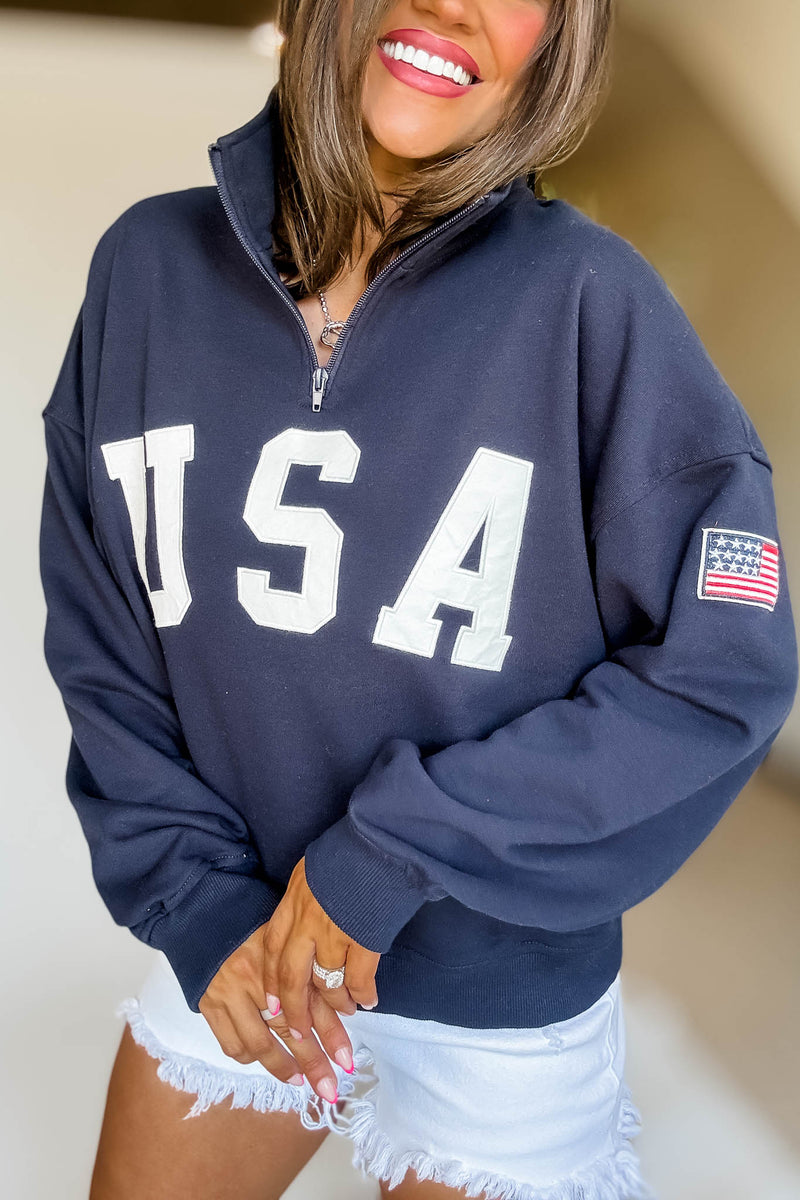 USA Navy Contrast Half Zip Oversized Sweatshirt