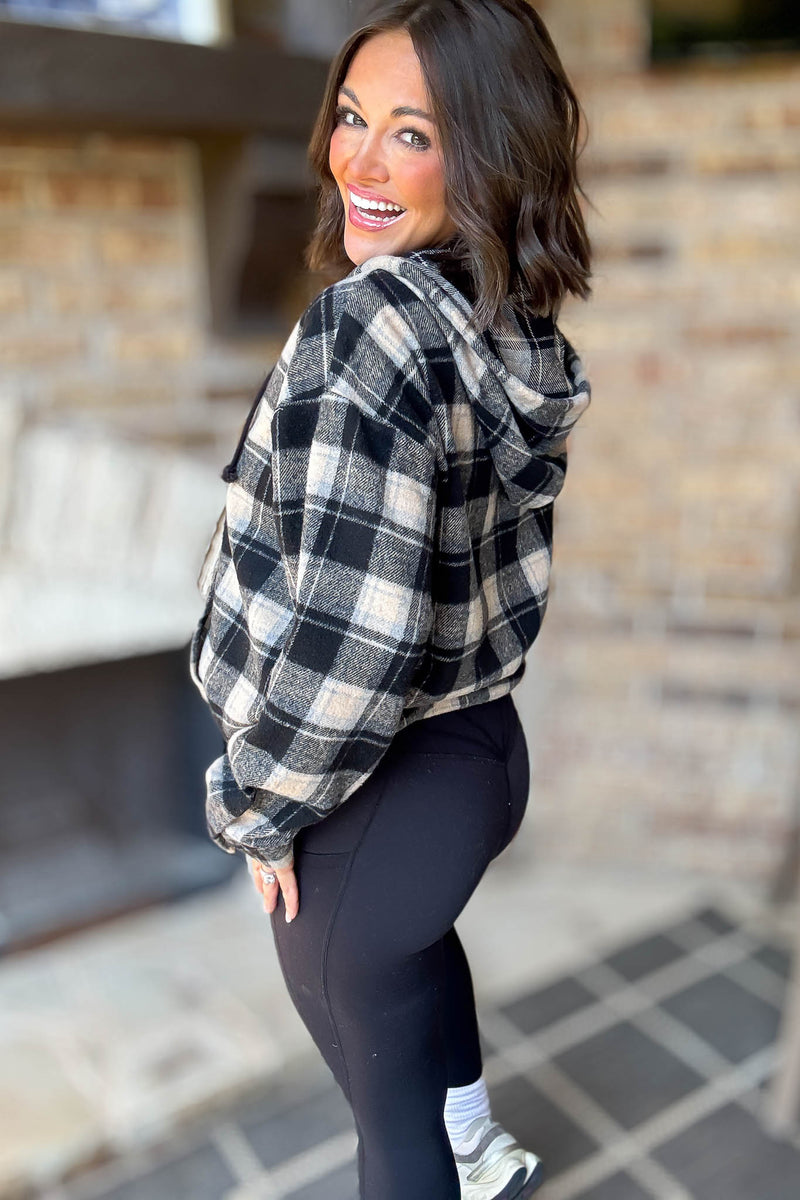 Flannel Black Plaid Pullover Hoodie W/ Kangaroo Pocket